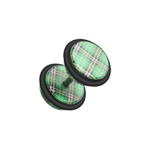 Green Plaid Checkers Acrylic Fake Plug w/ O-Rings - 1 Pair