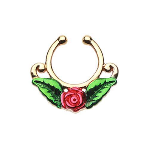Green/Red Golden Rose Blossom Icon Fake Septum Clip-On Ring