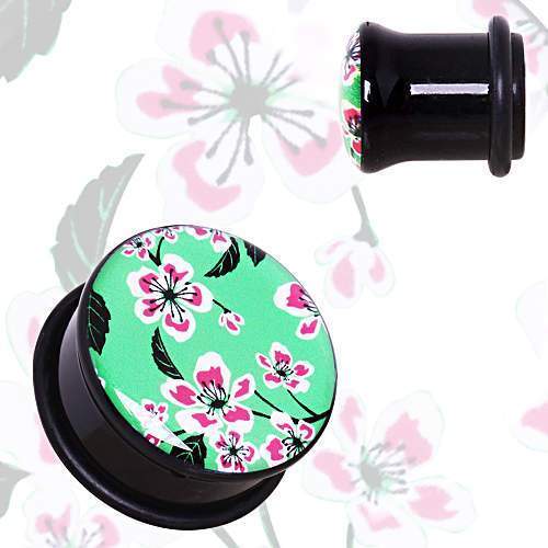 Green UV Acrylic Oriental Flower Blossom Single Flare Plug w/ O-Ring - 1 Piece