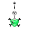 Green Vibrant Heart Crossbones Belly Button Ring