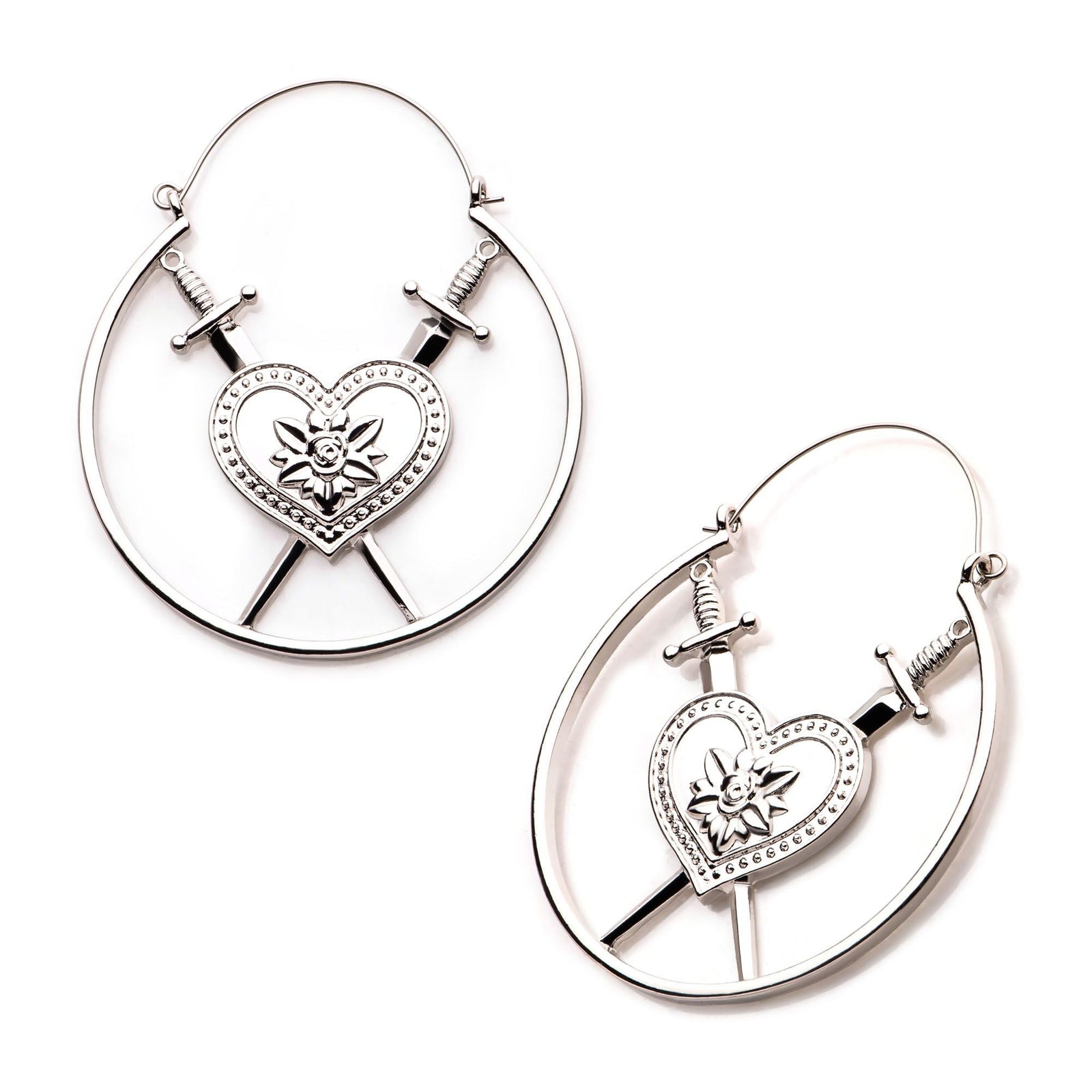 Tapers - Hanging Heart Rose Dagger Plug Hoops -Rebel Bod-RebelBod