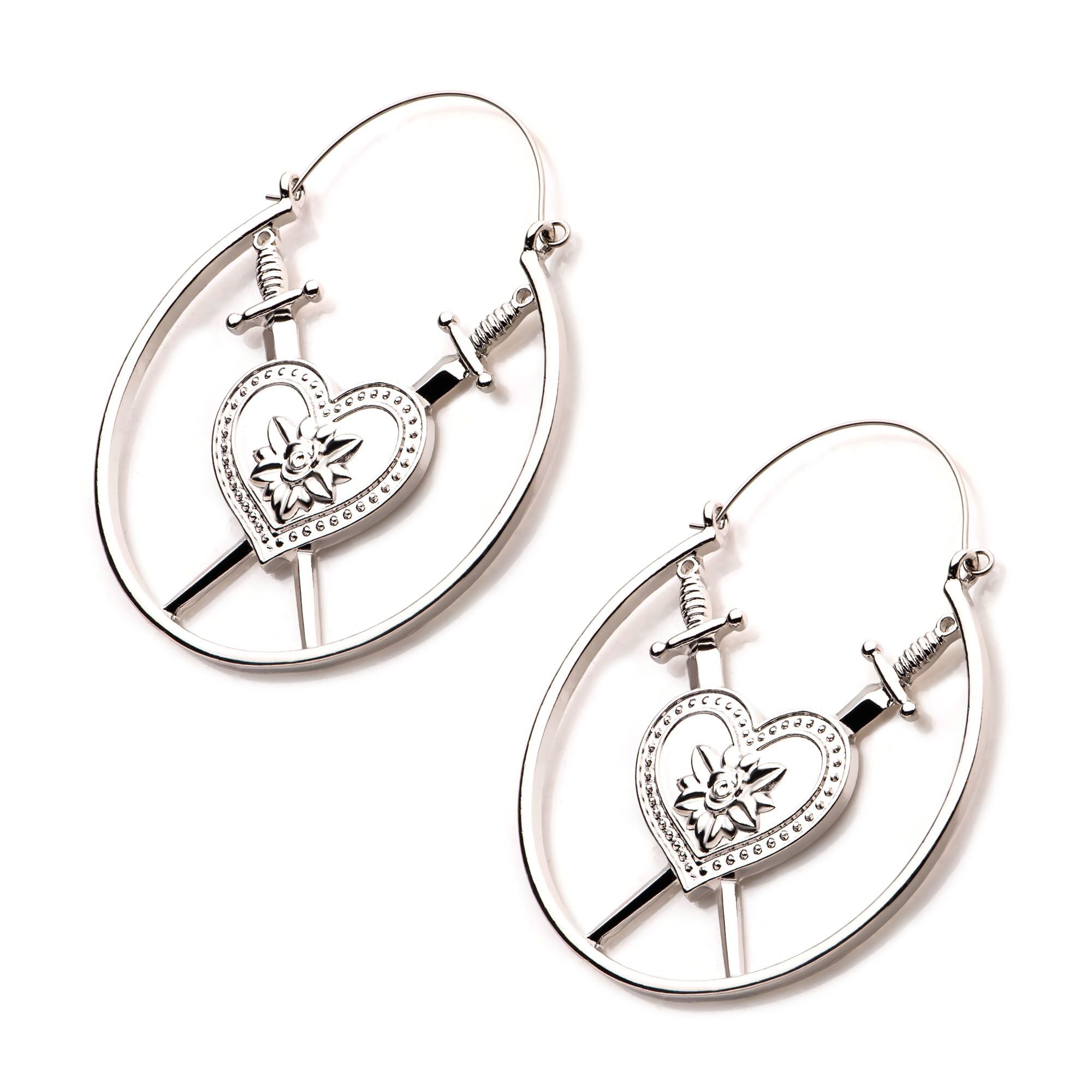 Tapers - Hanging Heart Rose Dagger Plug Hoops -Rebel Bod-RebelBod