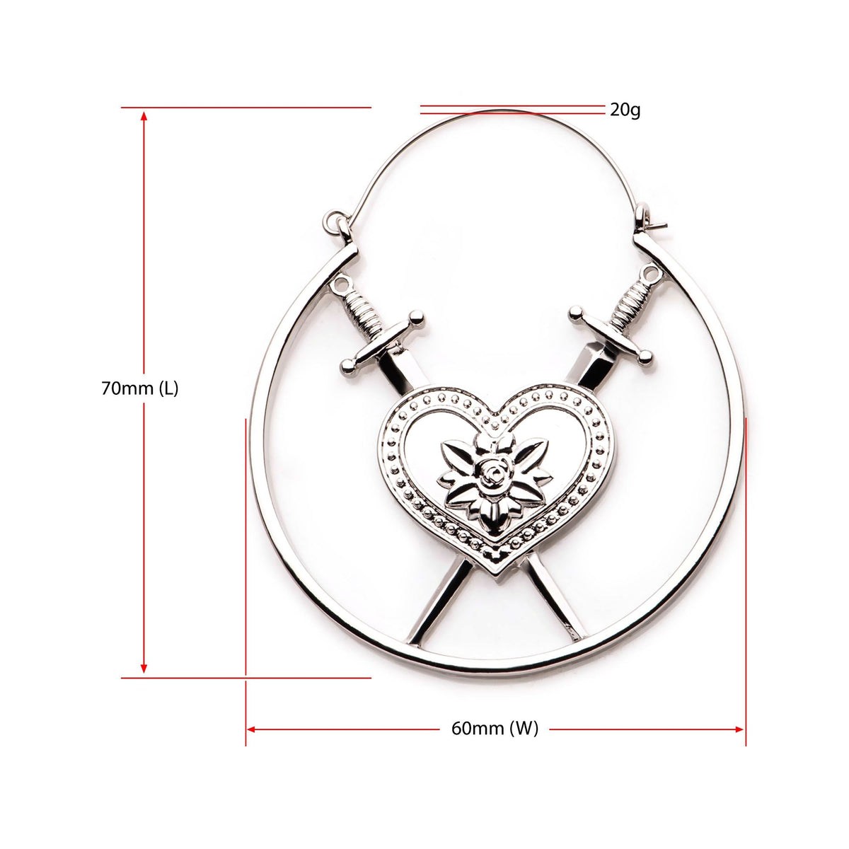 Tapers - Hanging Heart Rose Dagger Plug Hoops -Rebel Bod-RebelBod
