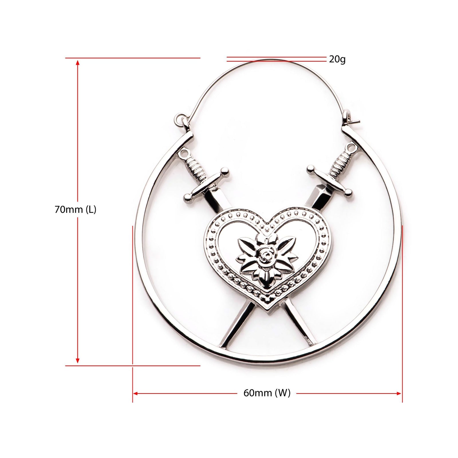 Tapers - Hanging Heart Rose Dagger Plug Hoops -Rebel Bod-RebelBod