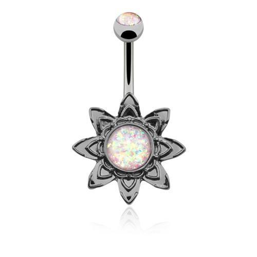 Hematite/White Hematite Blooming Opal Flower Belly Button Ring