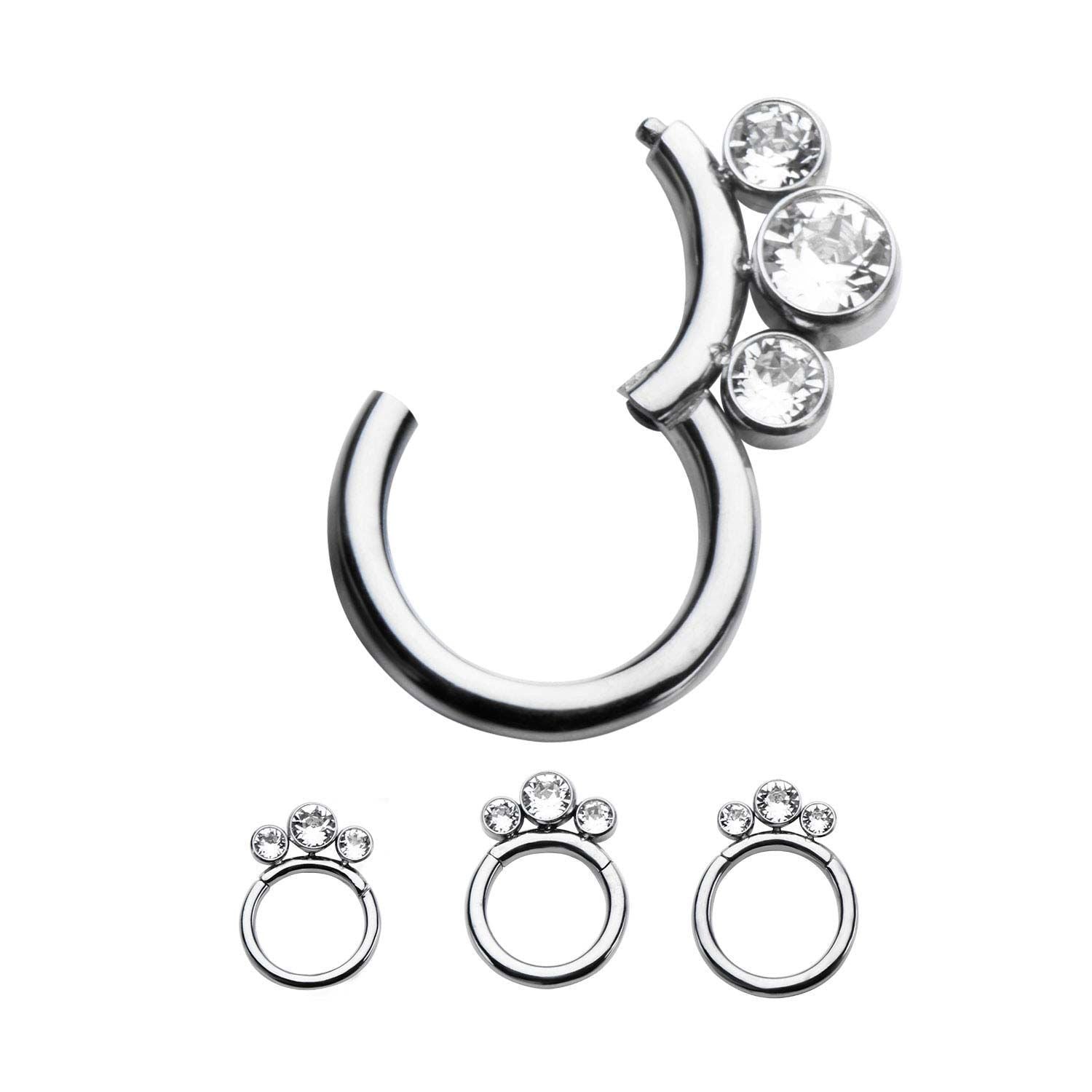 Clicker Hinged Segment Ring 3 Clear Bezel Set CZ Gems