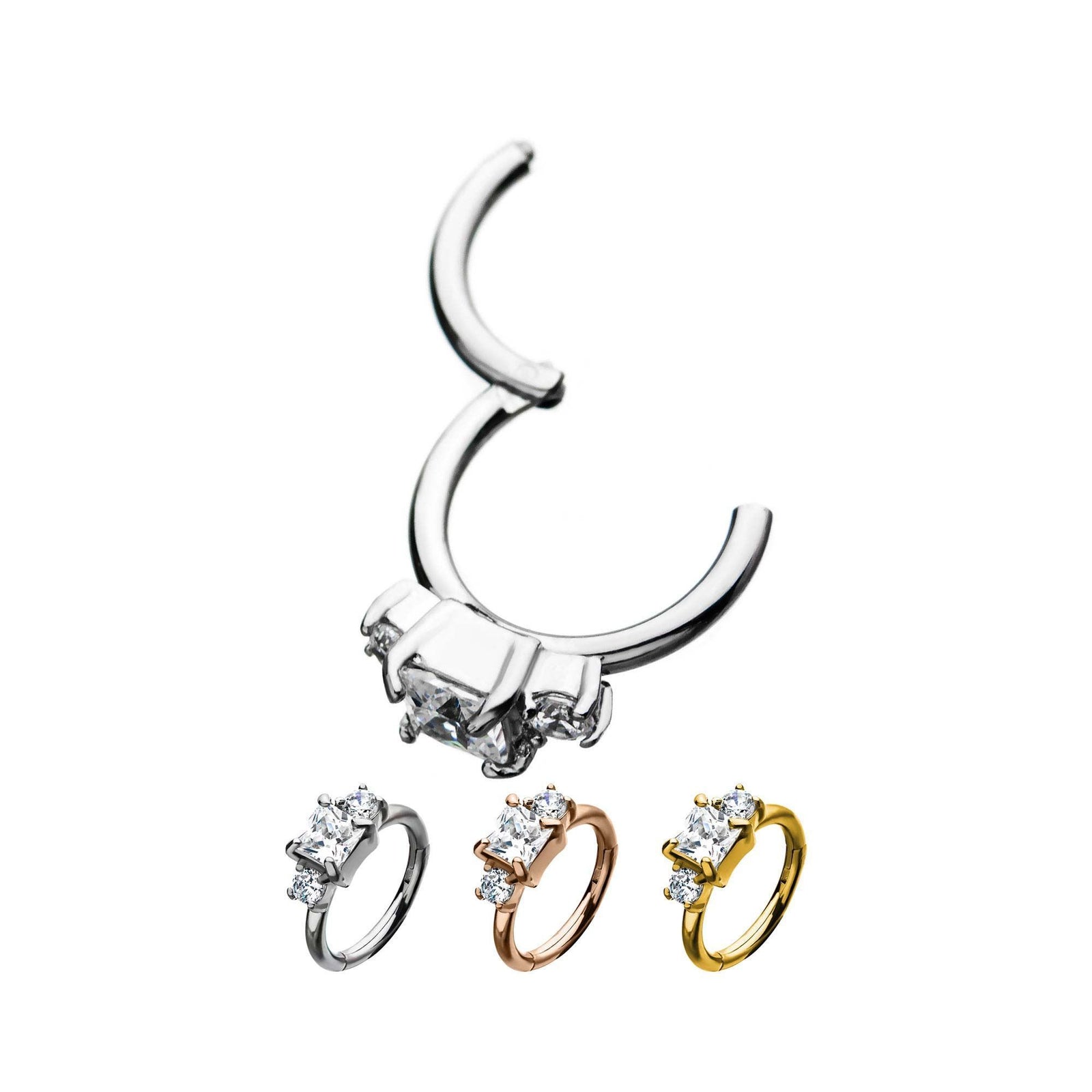 Clicker Hinged Segment Ring Prong Set 3 Clear CZ Gem