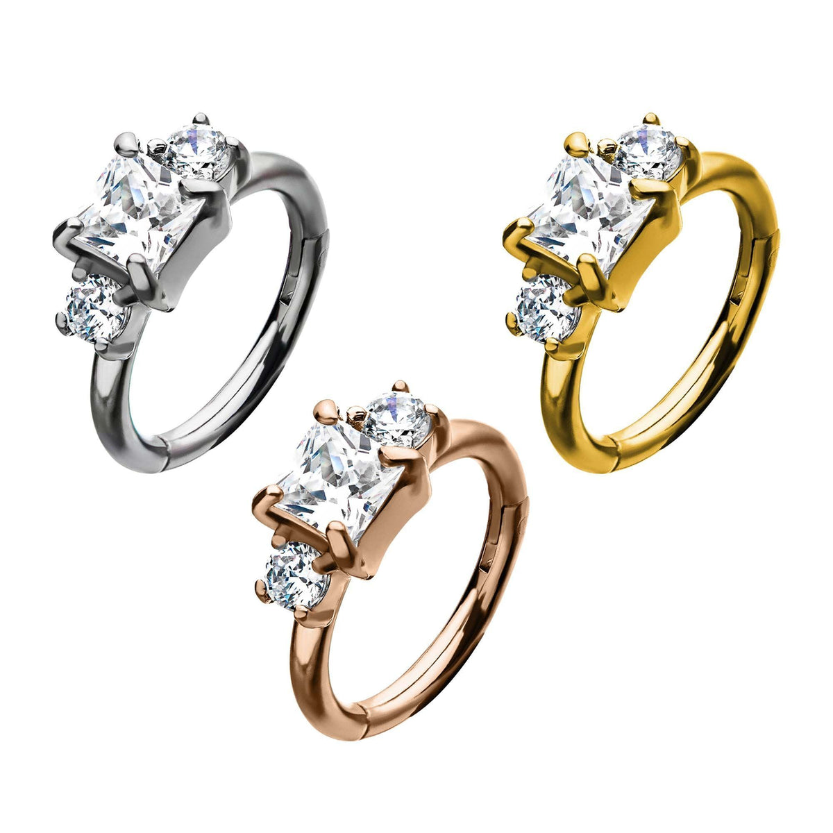 Clicker Hinged Segment Ring Prong Set 3 Clear CZ Gem