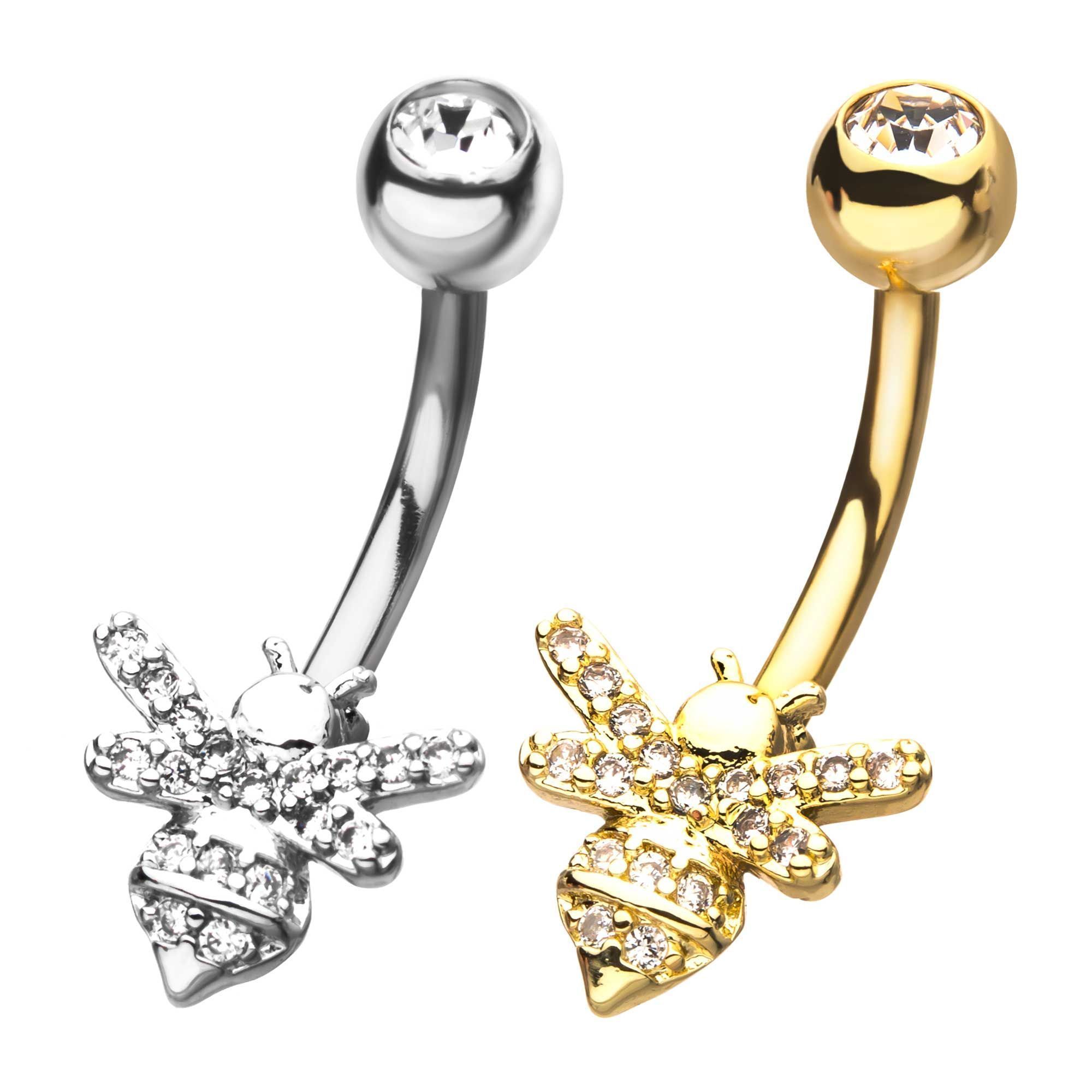 Belly Ring - No Dangle Honey Bee with CZ Gem Fixed Navels sbvns7001 -Rebel Bod-RebelBod