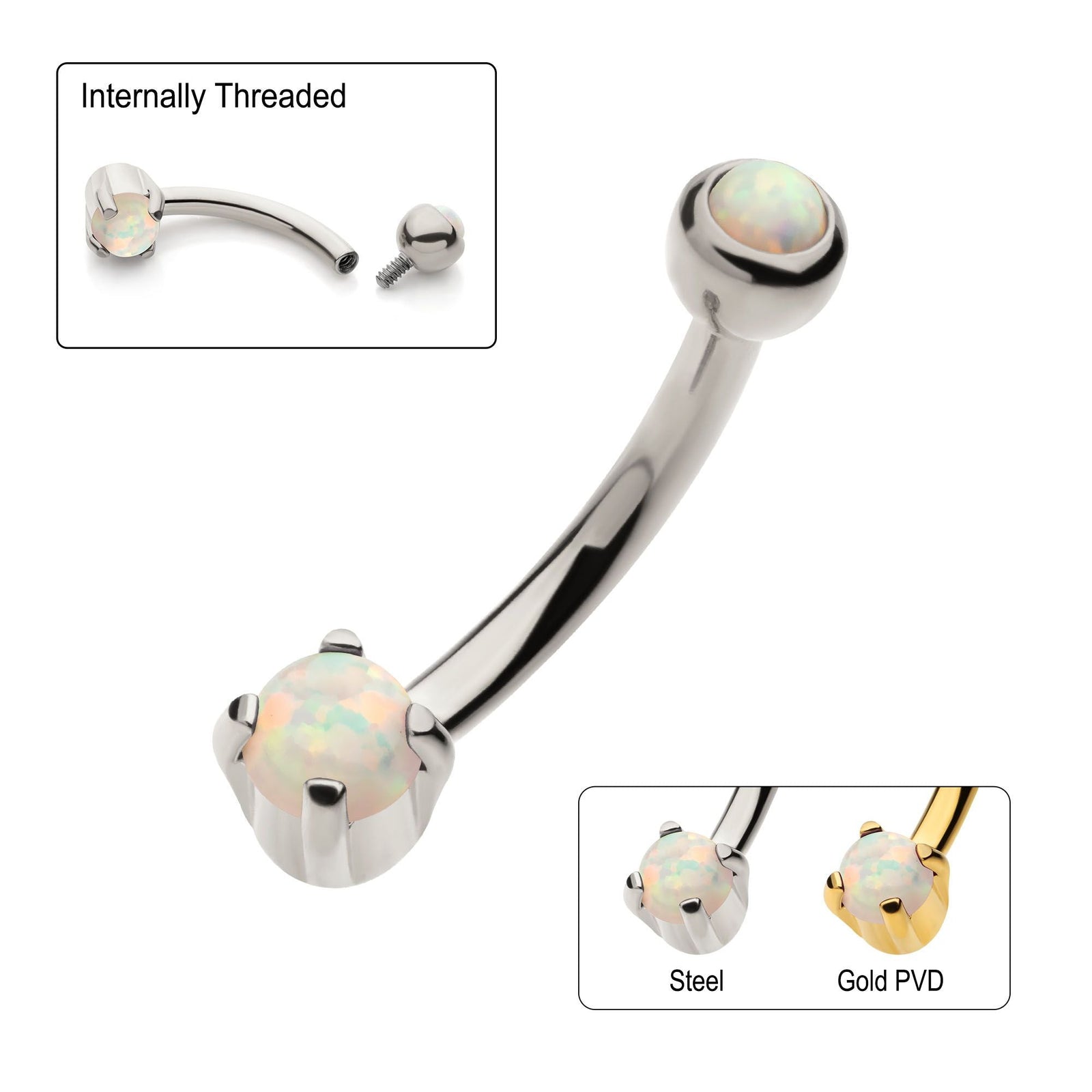 CURVED BARBELL Internally Threaded 3mm Bezel Set White Opal Curved Barbell csi6152prgn-wo -Rebel Bod-RebelBod