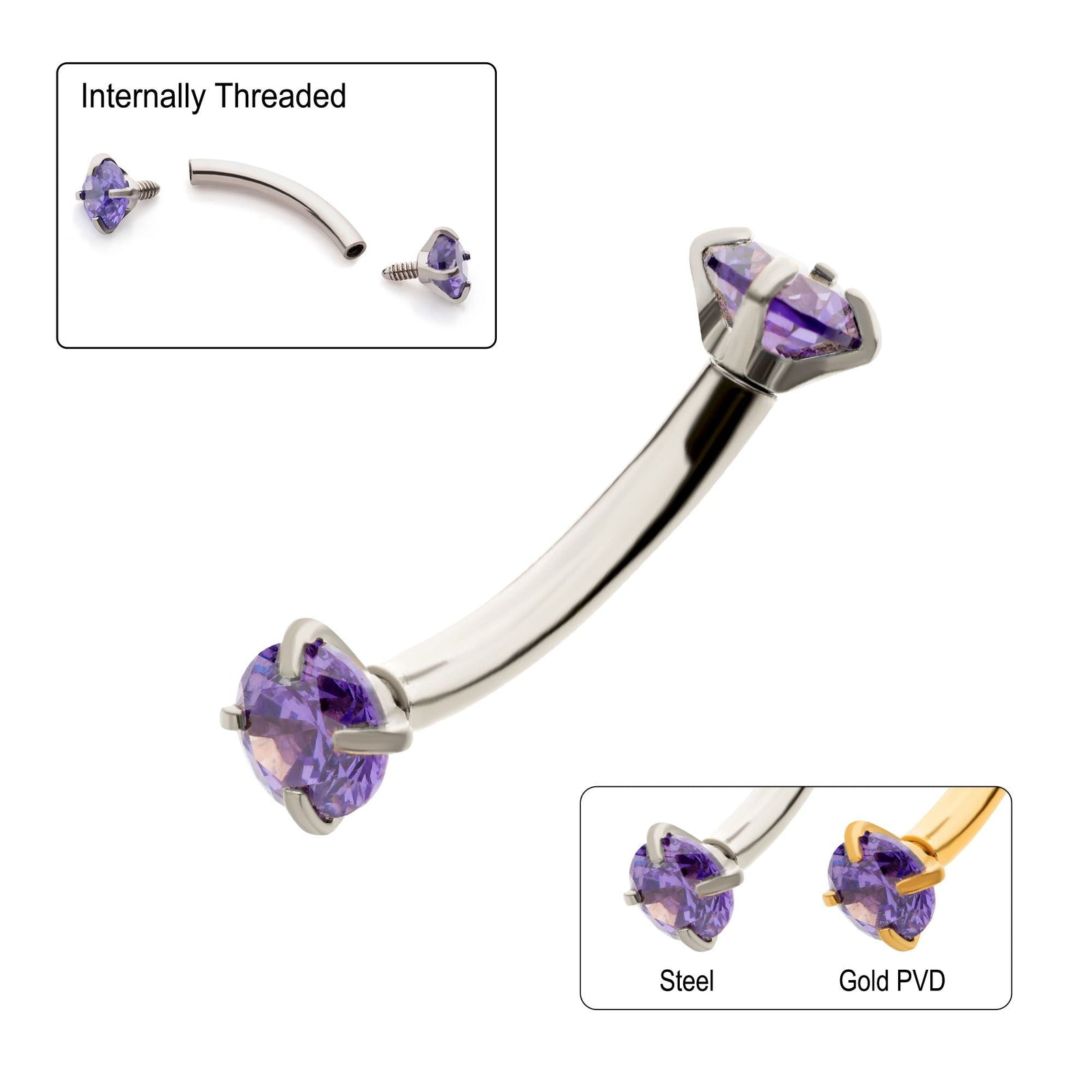 CURVED BARBELL Internally Threaded 3mm Prong Set Amethyst CZ Curved Barbell cs6122am -Rebel Bod-RebelBod