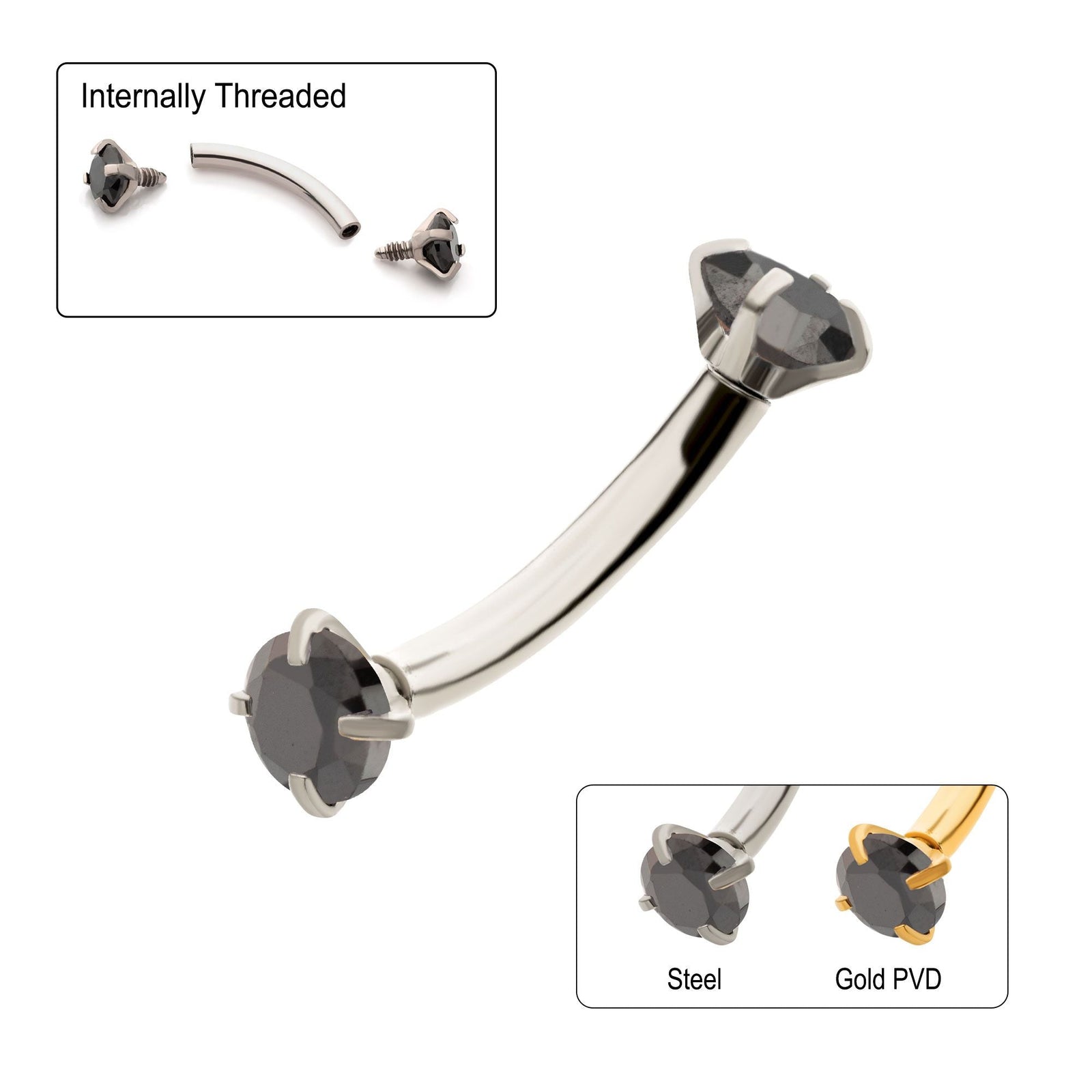 CURVED BARBELL Internally Threaded 3mm Prong Set Black CZ Curved Barbell cs6122k -Rebel Bod-RebelBod