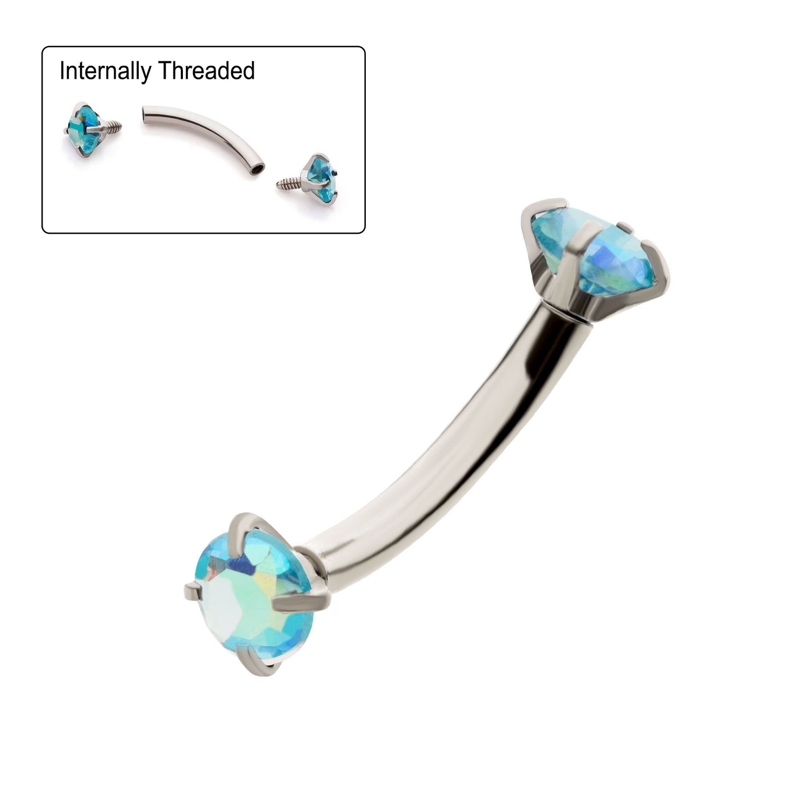 CURVED BARBELL Internally Threaded 3mm Prong Set Blue Aurora Borealis CZ Curved Barbell cs6122bab -Rebel Bod-RebelBod