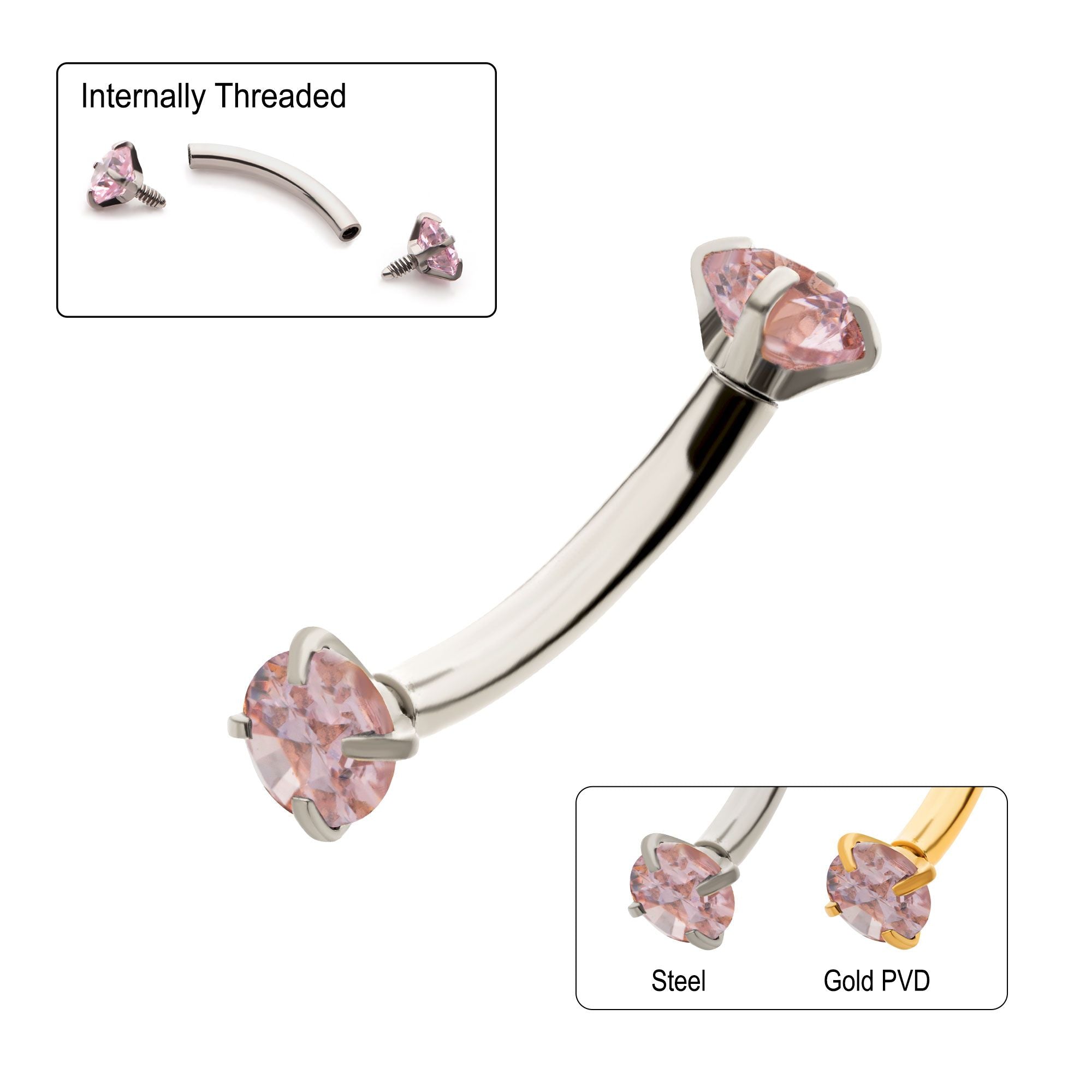 CURVED BARBELL Internally Threaded 3mm Prong Set Pink CZ Curved Barbell cs6122p -Rebel Bod-RebelBod