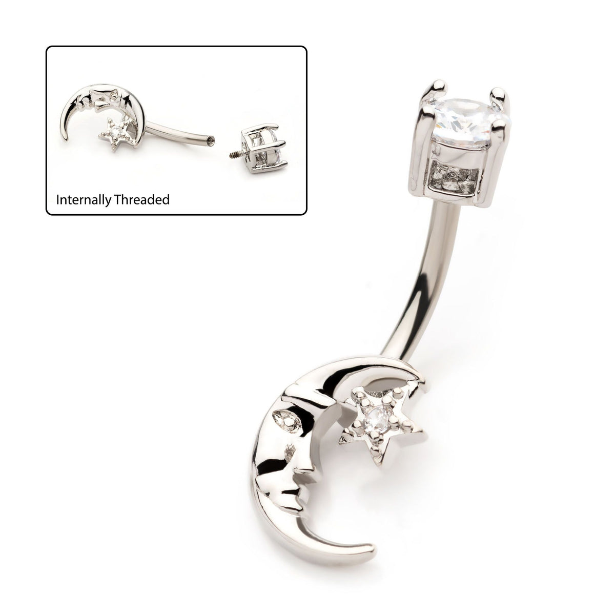 Belly Internally Threaded 4-Prong Basket Set Clear CZ Top Moon Star Fixed Navel nesl-21839-2c -Rebel Bod-RebelBod