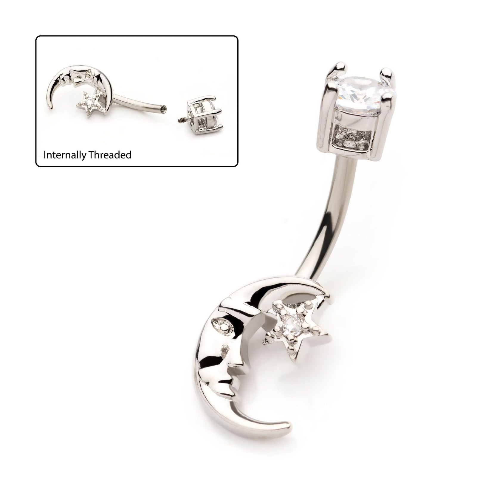 Belly Internally Threaded 4-Prong Basket Set Clear CZ Top Moon Star Fixed Navel nesl-21839-2c -Rebel Bod-RebelBod