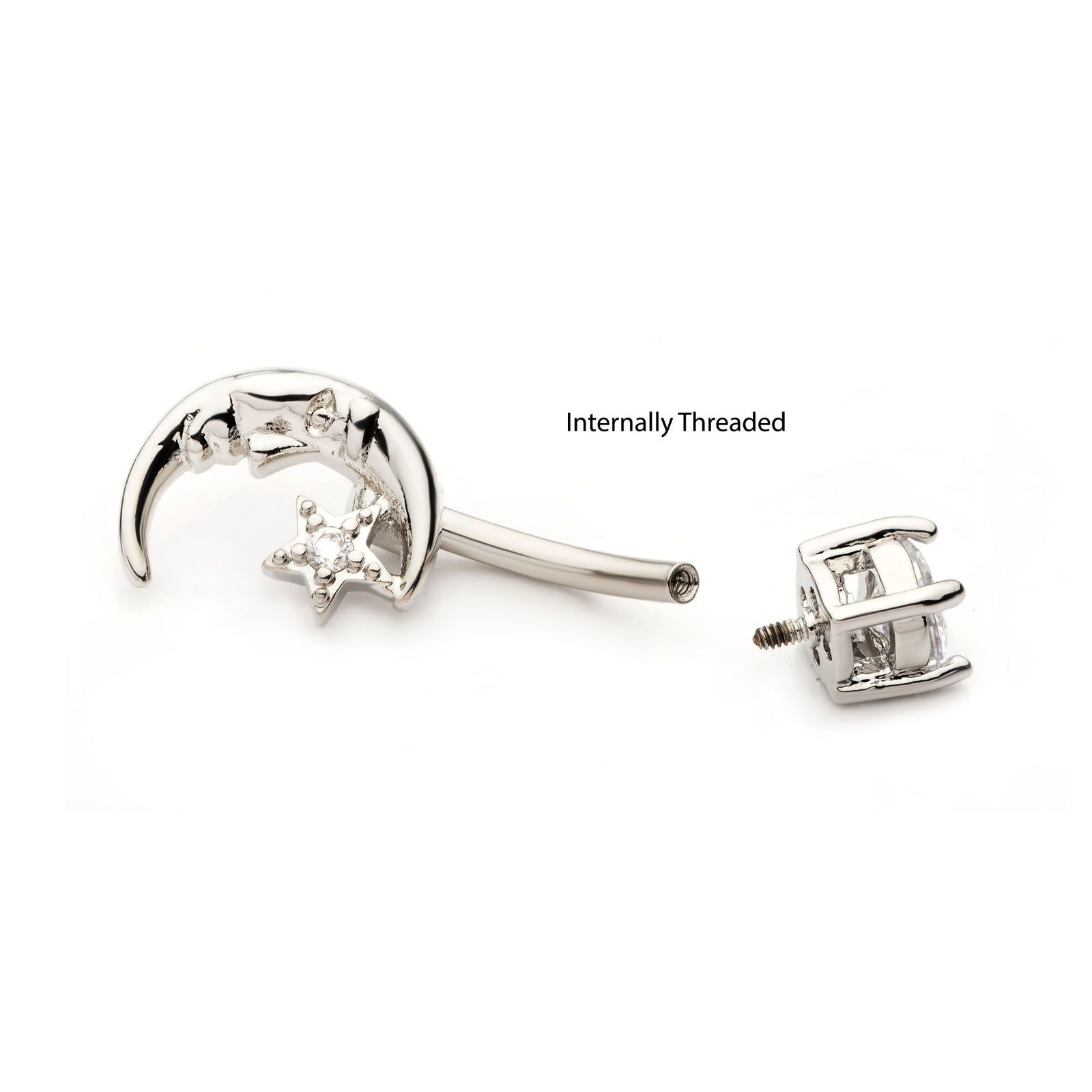 Belly Internally Threaded 4-Prong Basket Set Clear CZ Top Moon Star Fixed Navel nesl-21839-2c -Rebel Bod-RebelBod