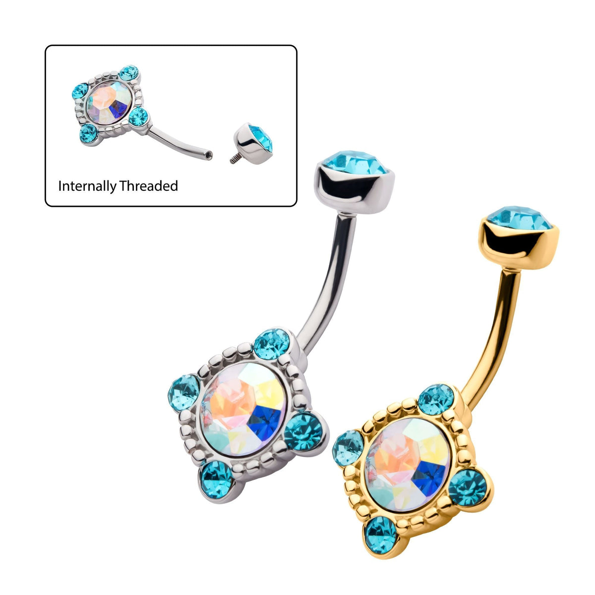 TBD-Belly Internally Threaded Aurora Borealis Aqua CZ Fixed Navel -Rebel Bod-RebelBod