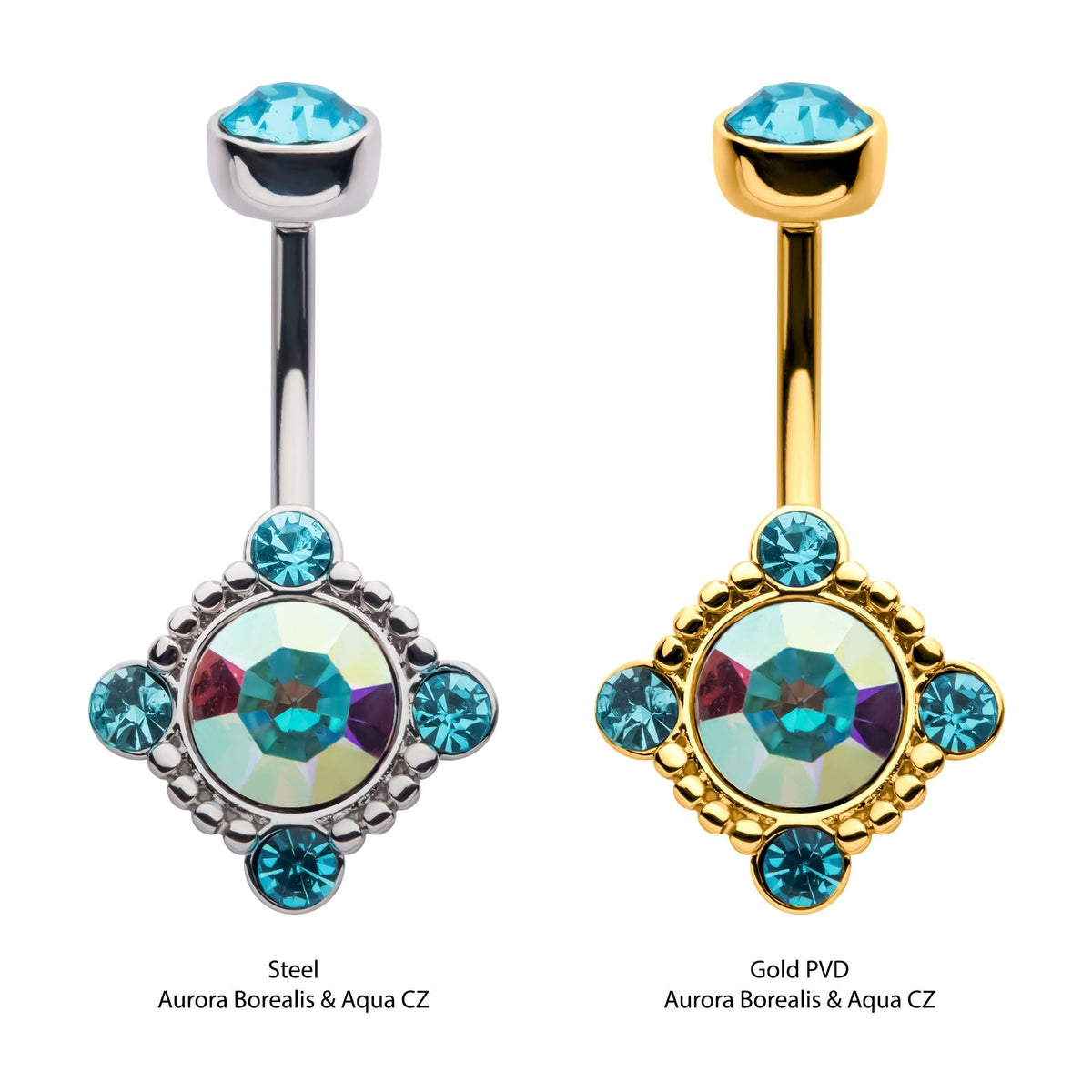 TBD-Belly Internally Threaded Aurora Borealis Aqua CZ Fixed Navel -Rebel Bod-RebelBod
