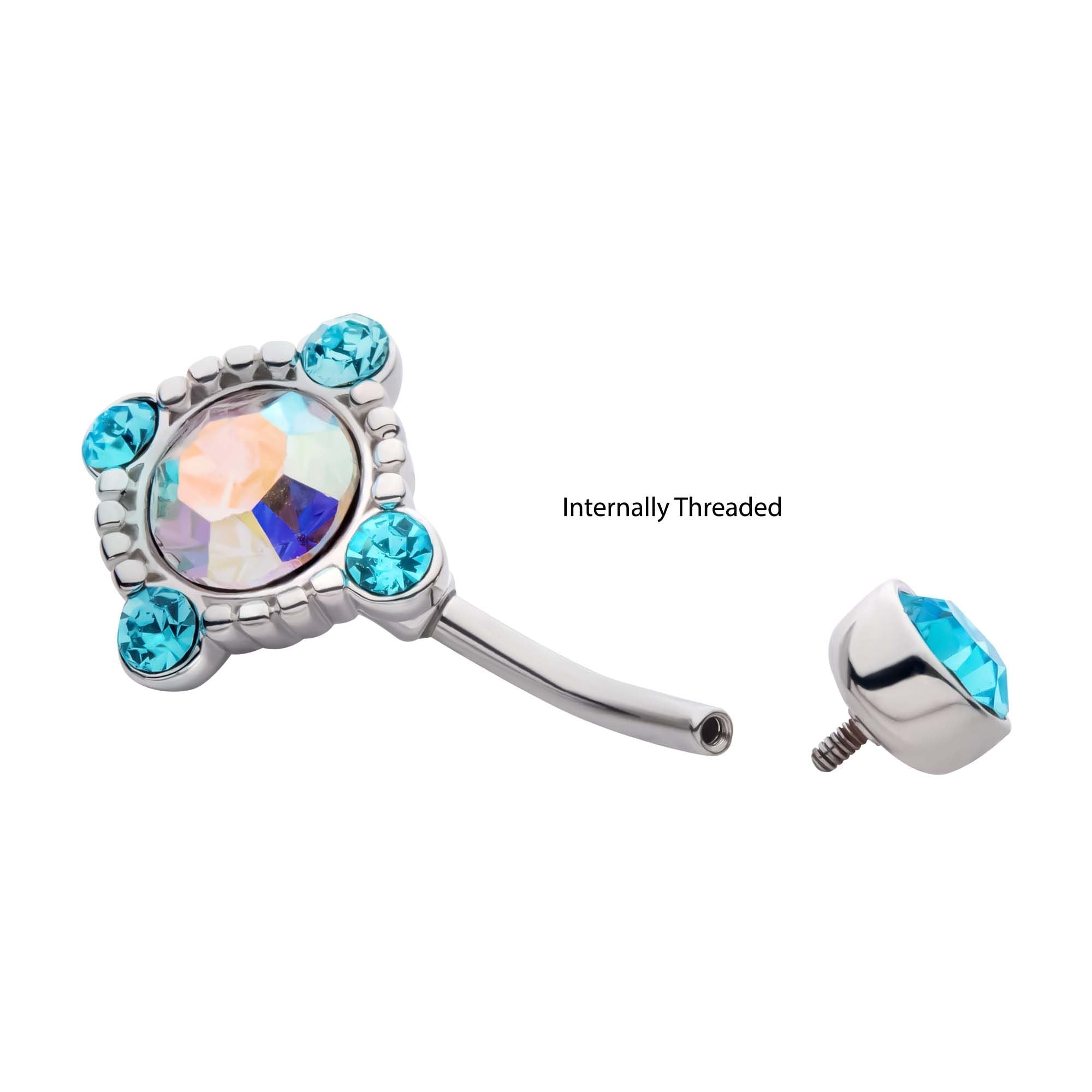 TBD-Belly Internally Threaded Aurora Borealis Aqua CZ Fixed Navel -Rebel Bod-RebelBod