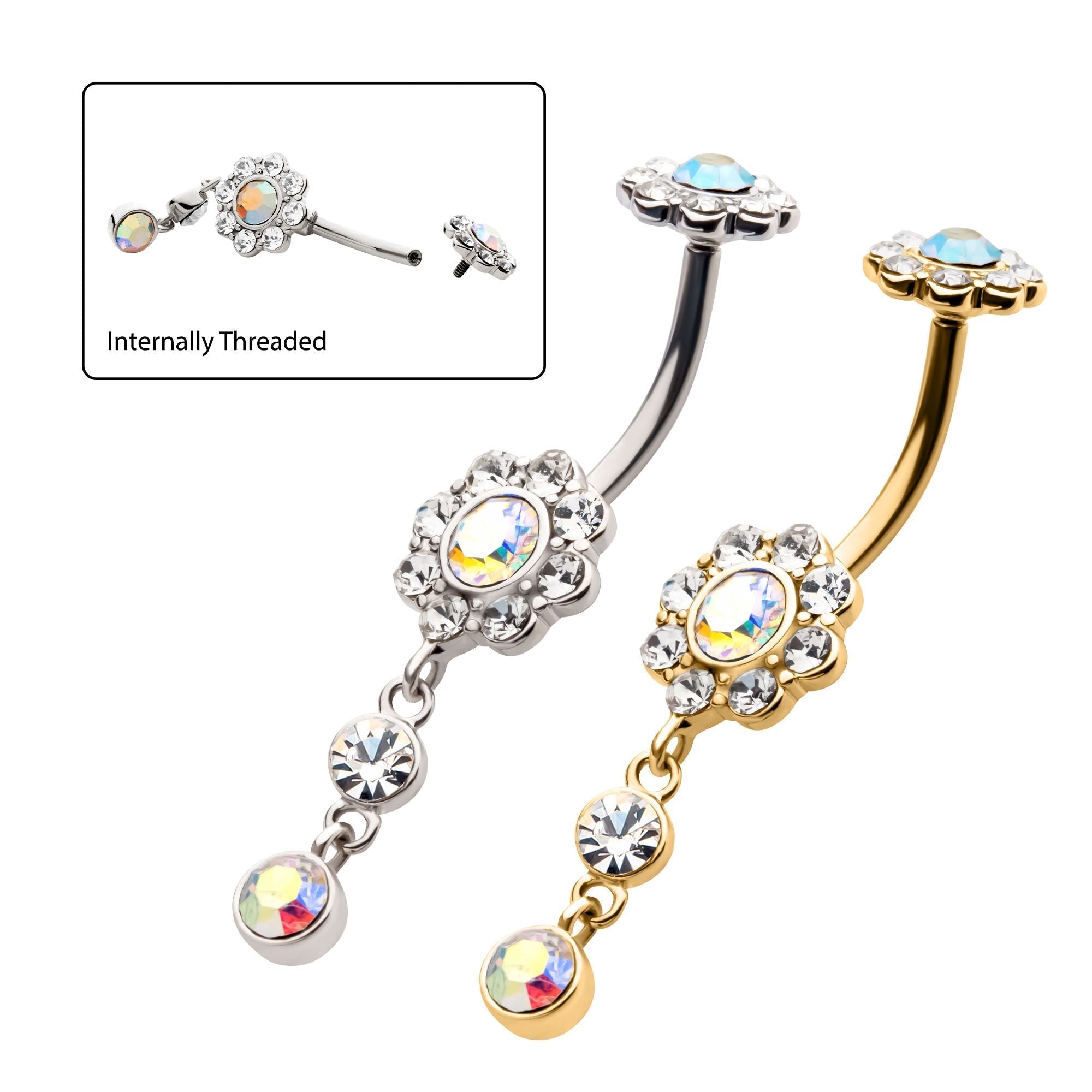 TBD-Belly Internally Threaded Aurora Borealis Clear CZ Flower Dangle Navel -Rebel Bod-RebelBod