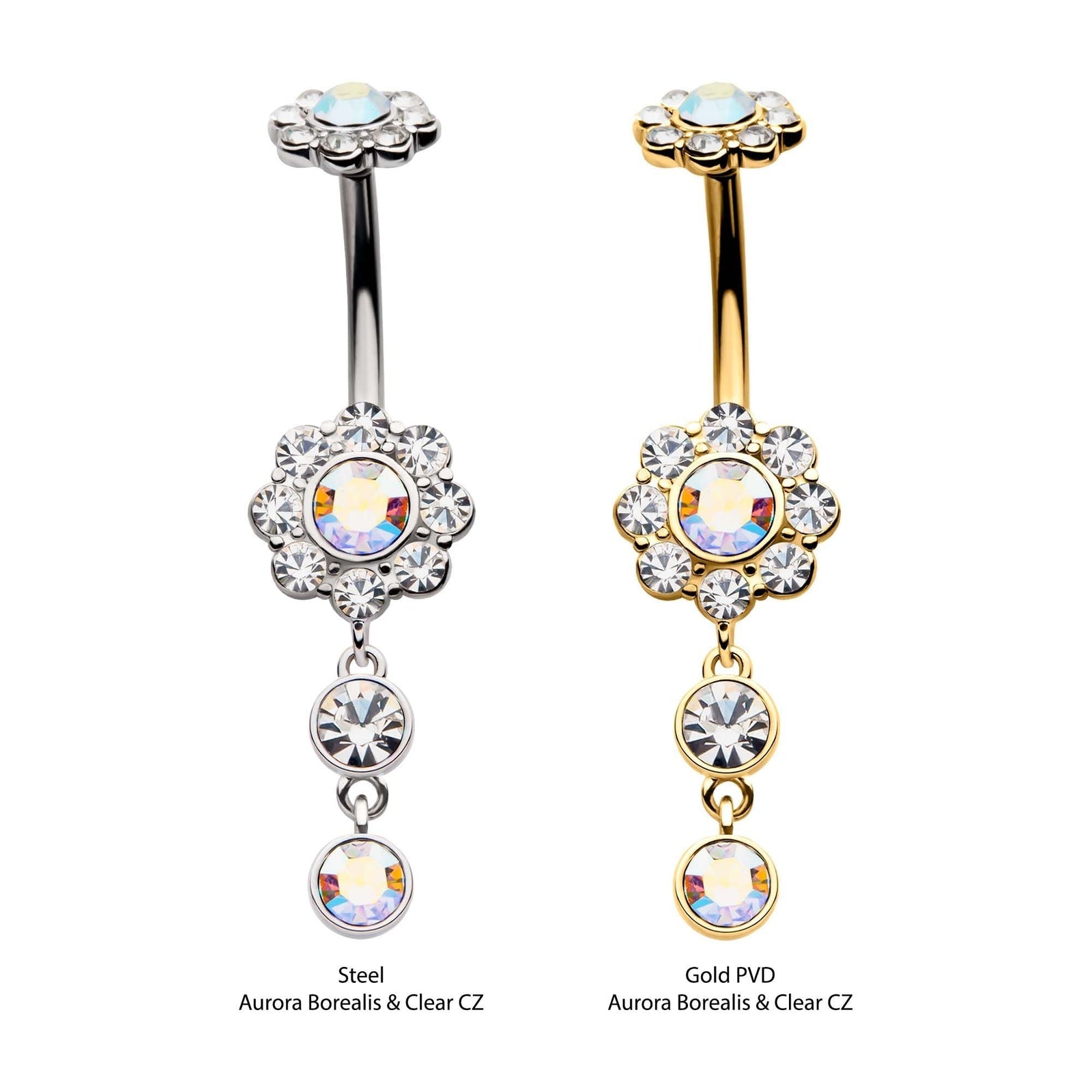 TBD-Belly Internally Threaded Aurora Borealis Clear CZ Flower Dangle Navel -Rebel Bod-RebelBod