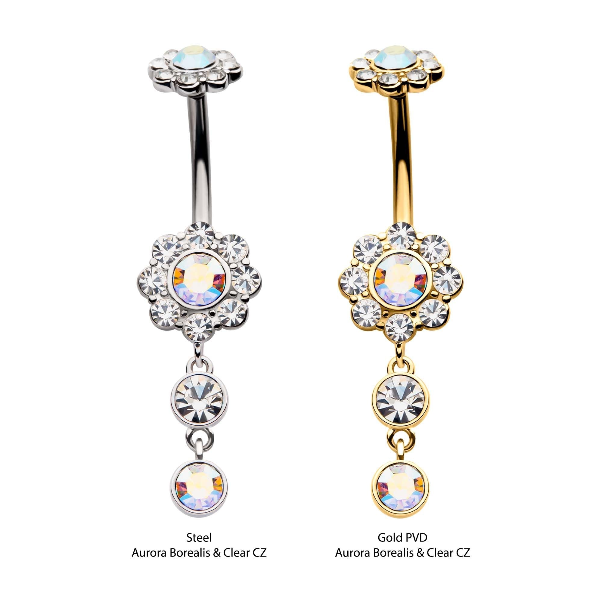 TBD-Belly Internally Threaded Aurora Borealis Clear CZ Flower Dangle Navel -Rebel Bod-RebelBod