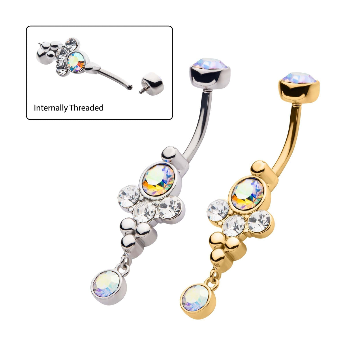 TBD-Belly Internally Threaded Aurora Borealis Clear CZ Trio Bead Cluster Dangle Navel -Rebel Bod-RebelBod