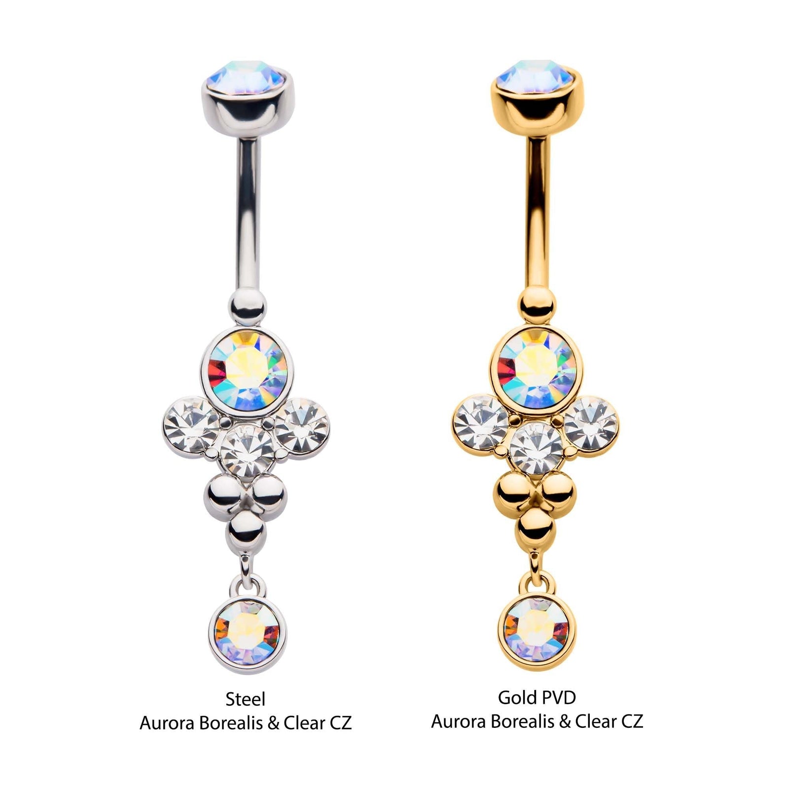TBD-Belly Internally Threaded Aurora Borealis Clear CZ Trio Bead Cluster Dangle Navel -Rebel Bod-RebelBod