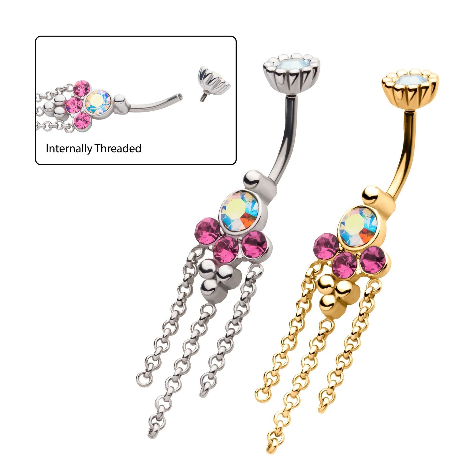 TBD-Belly Internally Threaded Aurora Borealis Pink CZ Trio Bead Chains Dangle Navel -Rebel Bod-RebelBod