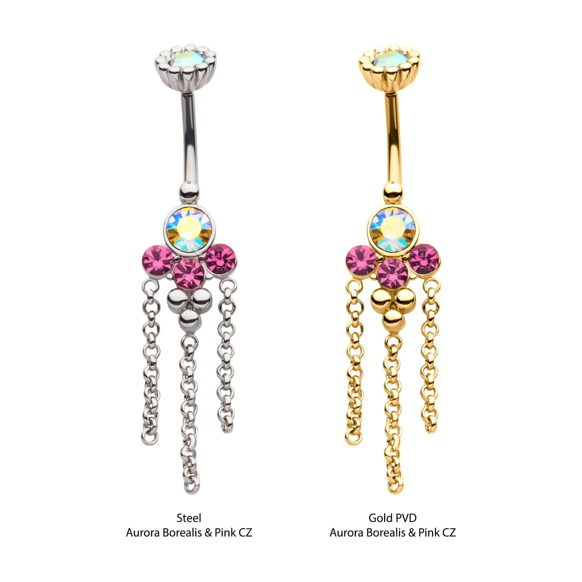 TBD-Belly Internally Threaded Aurora Borealis Pink CZ Trio Bead Chains Dangle Navel -Rebel Bod-RebelBod