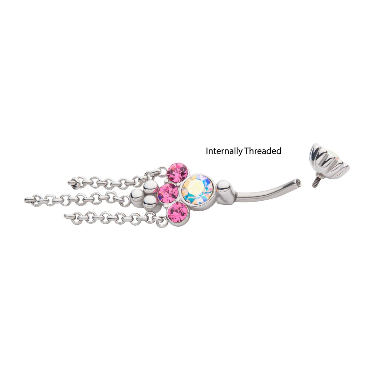 TBD-Belly Internally Threaded Aurora Borealis Pink CZ Trio Bead Chains Dangle Navel -Rebel Bod-RebelBod