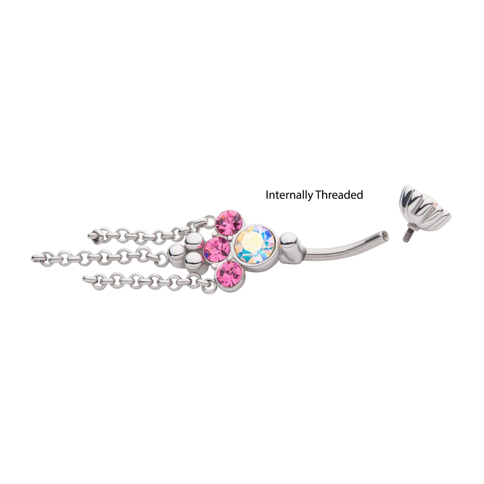 TBD-Belly Internally Threaded Aurora Borealis Pink CZ Trio Bead Chains Dangle Navel -Rebel Bod-RebelBod
