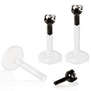 Internally Threaded BioFlex / PTFE Labret Retainer w/  Black PVD Plated Prong Set Clear CZ Top - 1 Piece