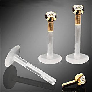 Internally Threaded BioFlex / PTFE Labret Retainer w/ Gold Plated Prong Set Top - 1 Piece