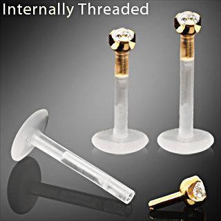 Internally Threaded BioFlex / PTFE Labret Retainer w/ Gold Plated Prong Set Top - 1 Piece