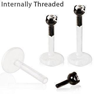 Internally Threaded BioFlex / PTFE Labret Retainer w/  Black PVD Plated Prong Set Clear CZ Top - 1 Piece