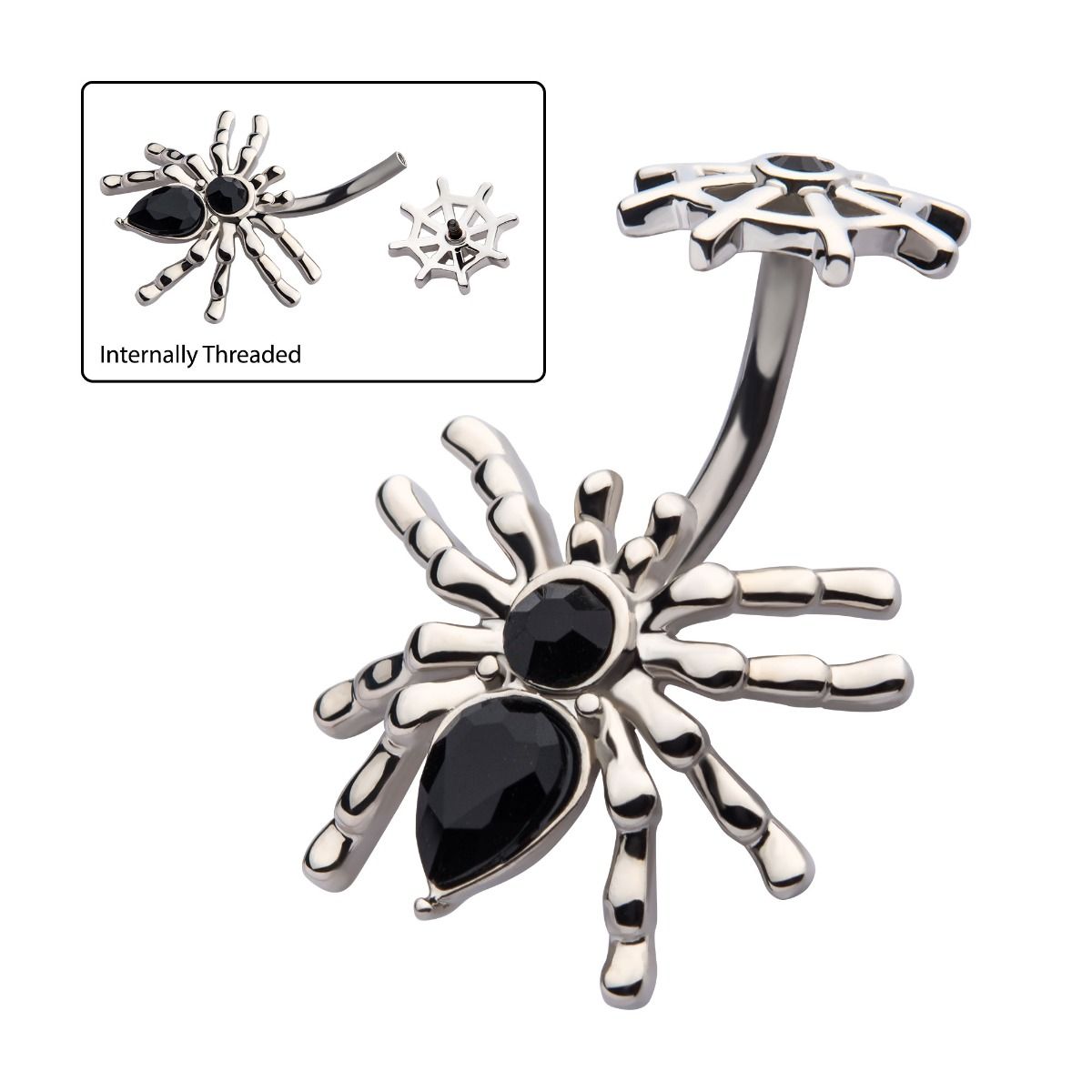 TBD-Belly Internally Threaded Black Crystal Spider Web Fixed Navel -Rebel Bod-RebelBod