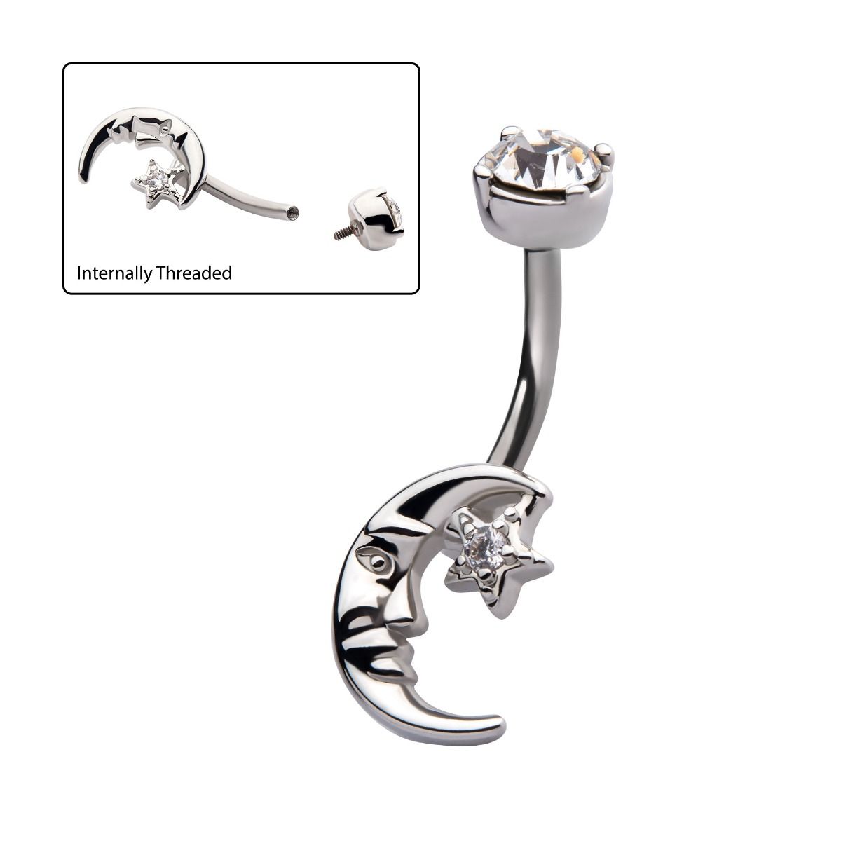 TBD-Belly Internally Threaded Clear Crystal CZ Moon Star Fixed Navel -Rebel Bod-RebelBod