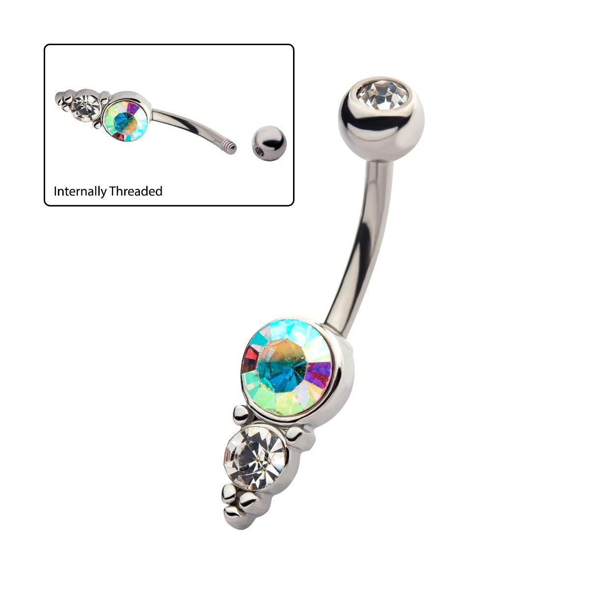 TBD-Belly Internally Threaded Clustered Aurora Borealis Clear Round Crystal Fixed Navel -Rebel Bod-RebelBod