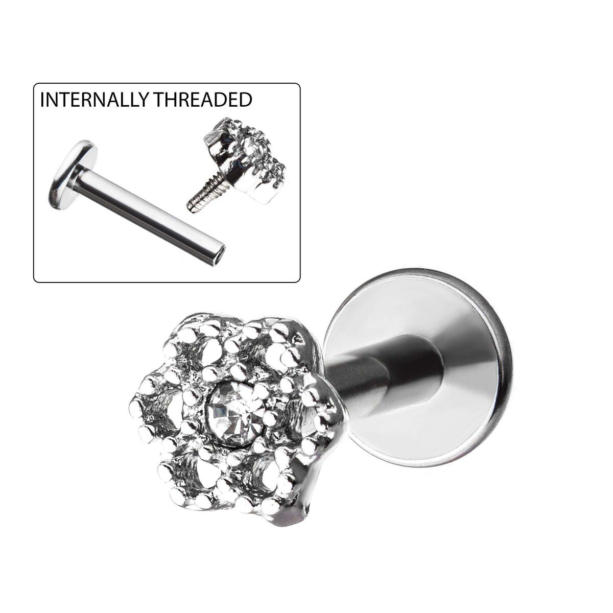 Labret Studs Internally Threaded Flower Clear Gems Labrets -Rebel Bod-RebelBod