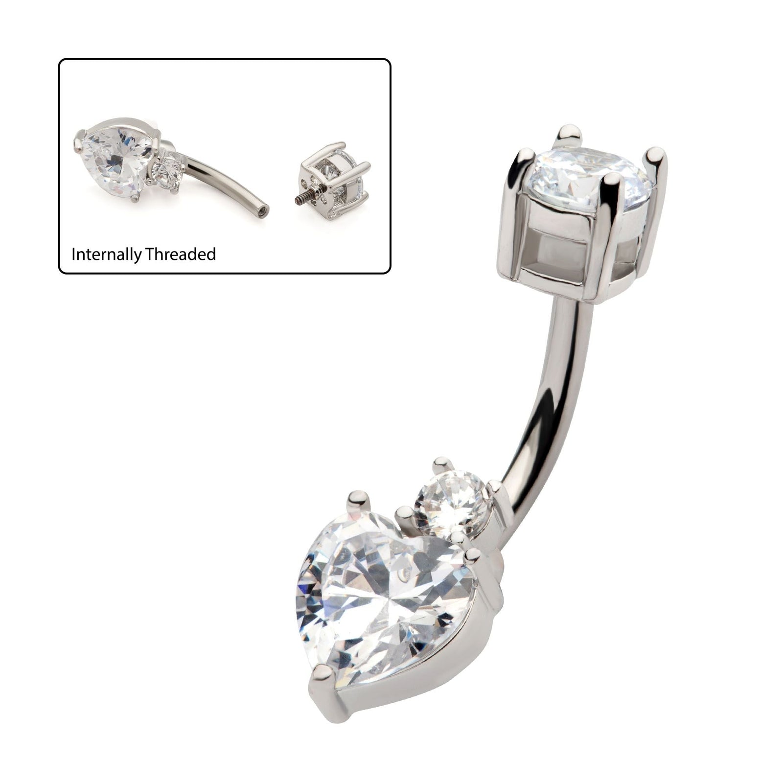 TBD-Belly Internally Threaded Heart Round Clear CZ Fixed Navel -Rebel Bod-RebelBod