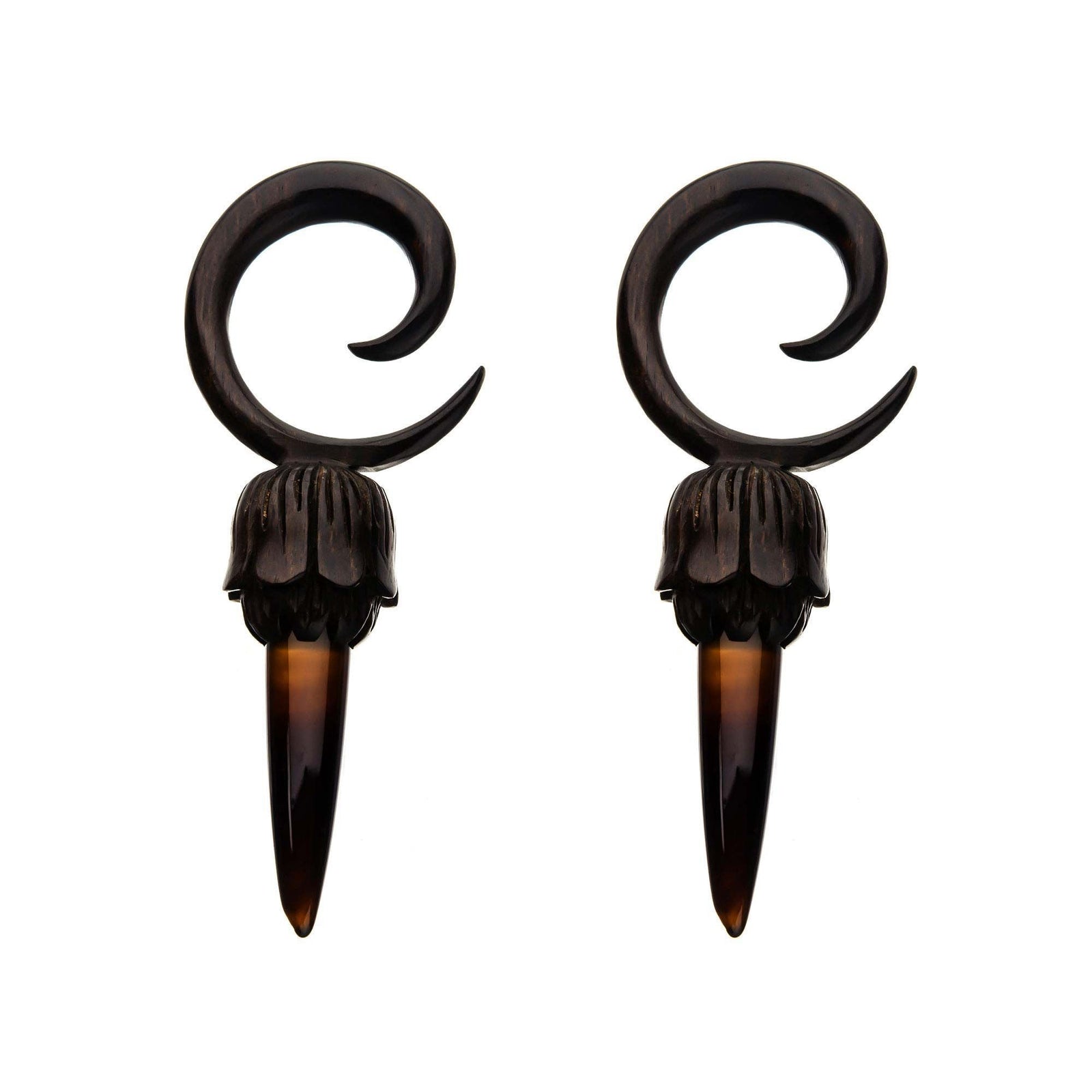 Iron Wood Black Agate Stone Pendulum Spiral Taper - 1 Pair