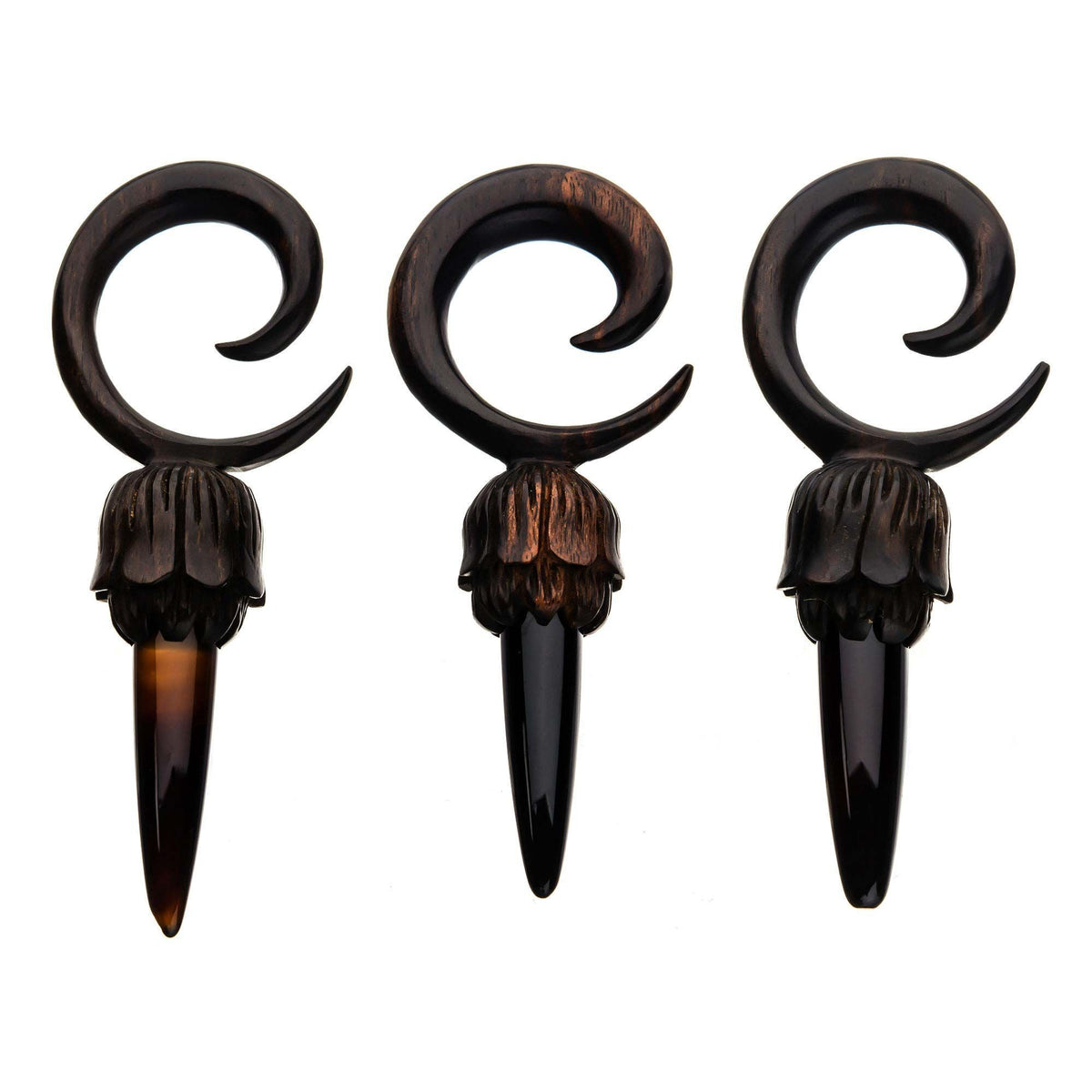 Iron Wood Black Agate Stone Pendulum Spiral Taper - 1 Pair