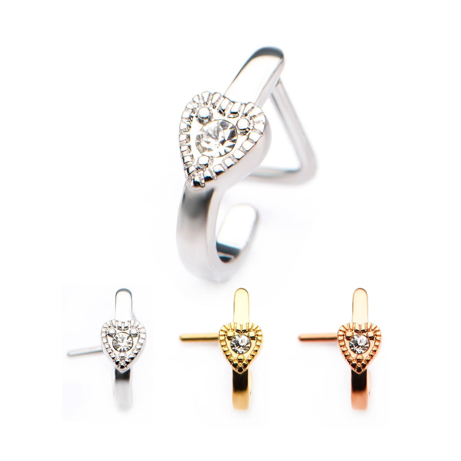 L-Bend Nose Curve Nose Hugger Heart and Clear CZ Gem