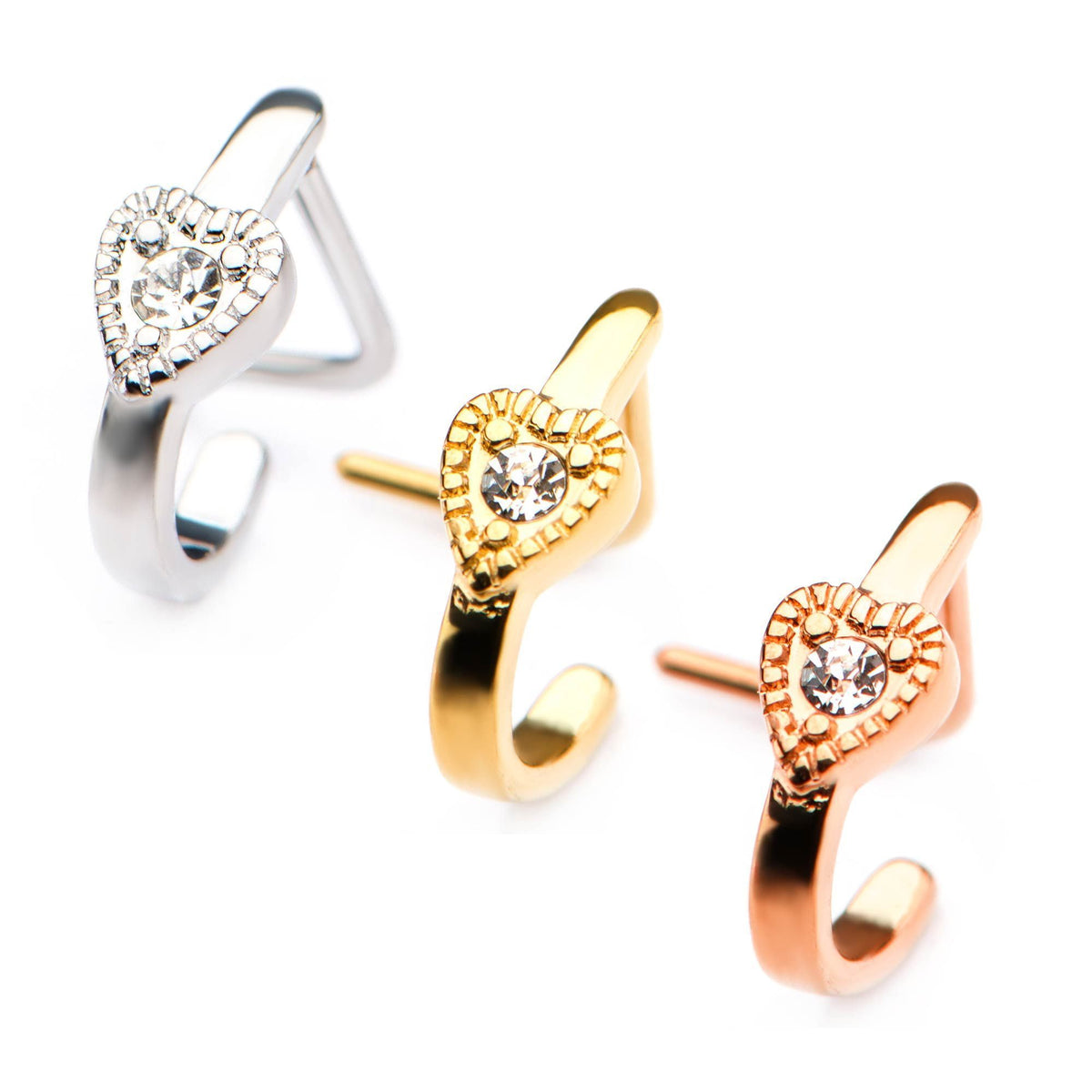 L-Bend Nose Curve Nose Hugger Heart and Clear CZ Gem