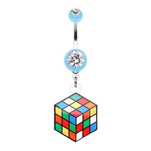 Light Blue Retro Rubix Cube Dangle Belly Ring - Rebel Bod