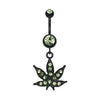 Light Green Black Cannabis Leaf Sparkle Belly Button Ring