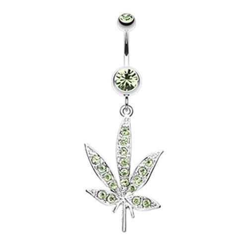 Light Green Cannibis Pot Leaf Multi-Gem Belly Button Ring