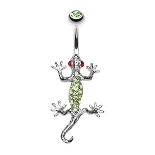 Light Green Moving Gecko Lizard Sparkle Belly Button Ring